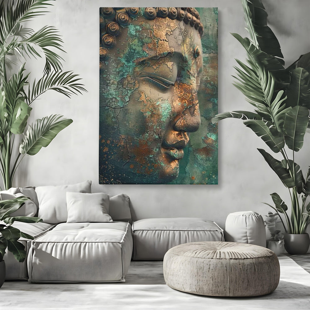Tablou canvas cu tablou canvas cu profil de buddha, fara rama, pe sasiu de lemn, pe perete intr-un living